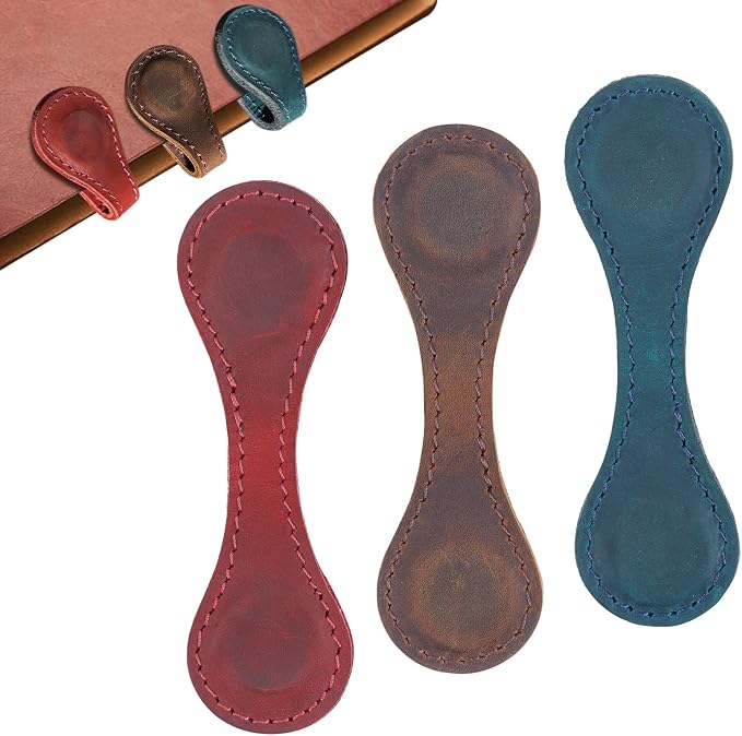 Magnetic Leather Bookmarks,3 Pcs Personalized Vintage Bookmarks for Reading Book Accessories Page Markers Convenient Mark Clip Gift Lover Readers Men Women Student (Red+Navy blue+Coffee)