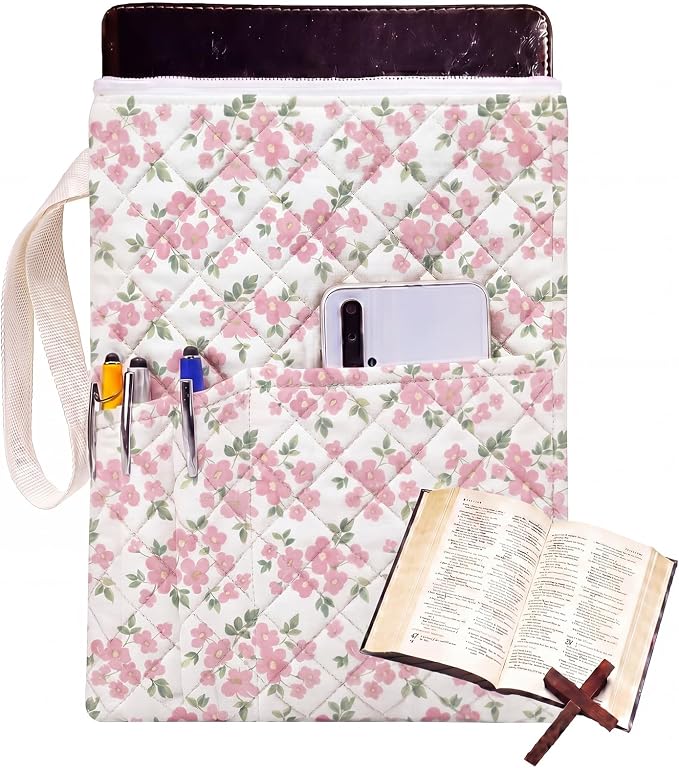 Gilprop Pink Floral Bible Book Sleeve with Zipper 11" x 9" Padded Protector Washable Quilted Book Covers Printed Bible Pouch with Handle Pockets Protector for Books Lover Christian Gifts