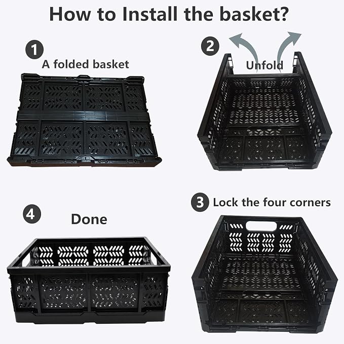 4-Pack Plastic Storage Crates,20L Foldable Baskets,Collapsible Crates, Storage Baskets and Bins for Toys, Home Storage, Office Products, Gifts(Black)