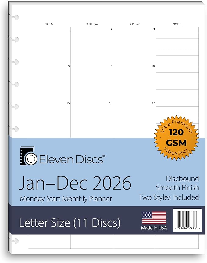 2026 Monthly Planner, Monday Start, Letter Size, 2 Styles (Separated, Booklet), Premium Discbound Notebook Paper for Circa, Arc, TUL (38 Sheets)