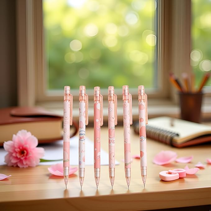 6 Pcs Mechanical Pencils with Eraser,Cute Mechanical Pencils With Top Peach Automatic Stationery Gift Peach Automatic School Office Supply,Writing and Correction Supplies