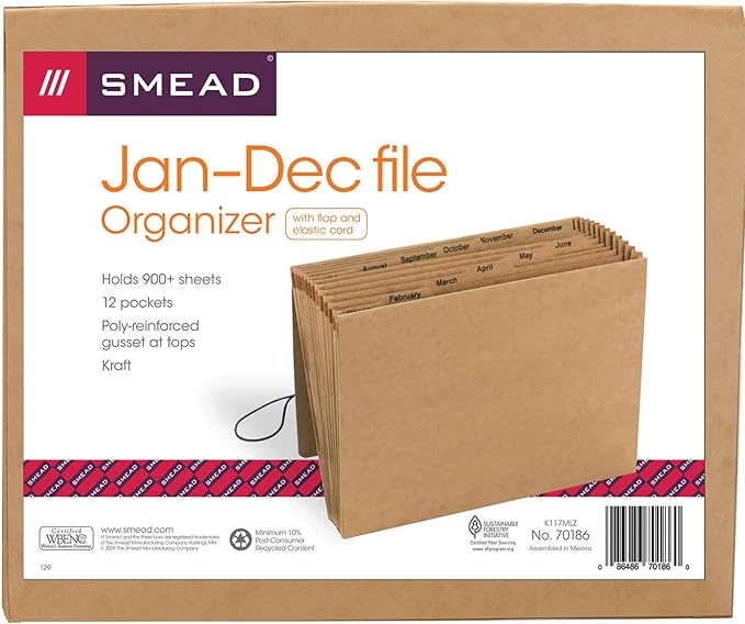 Smead Expanding File with Flap and Cord Closure, 12 Pockets, Monthly (Jan-Dec), Letter Size, Kraft (70186) (Pack of 1)