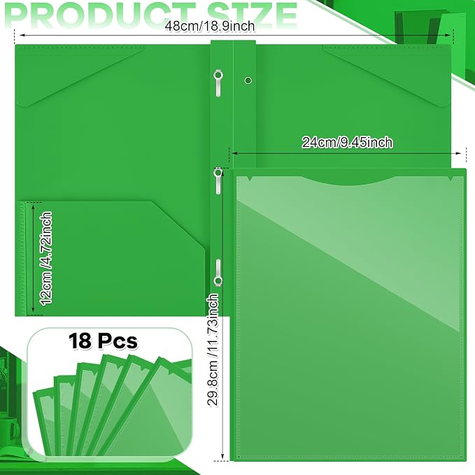 Henoyso 18 Pcs Plastic Folder with Clear Front Pocket and 3 Prong Plastic Folders with Card Slot Pocket Folders with Prongs for School Office (Fresh Green)