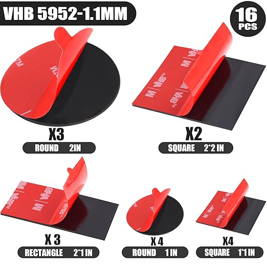 Navona 16Pack Heavy Duty Double Sided Mounting Tape – VHB 5952 Foam Tape, 1 Inch & 2 Inch, Square Rectangle & Round Shapes, Waterproof, Heat Resistant, for Car & Home Decor
