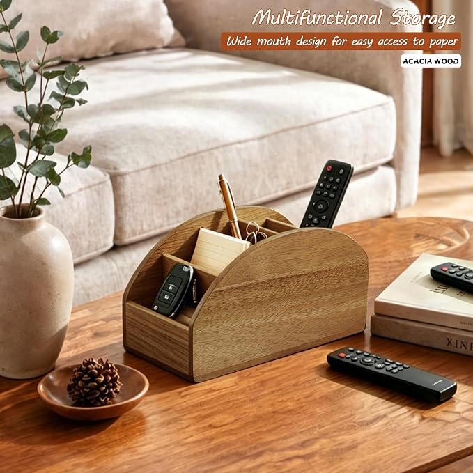 BIBELUN Large TV Remote Control Holder, Rustic Wood Nightstand Remote Caddy with 5 Compartments, Entryway Table Storage Box Organizer for Phones, Controllers, Media Player, Office Supplies, Home Décor