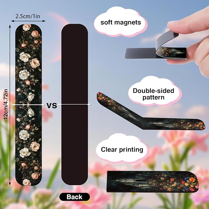 Wxiben Dark Academia Magnetic Bookmark - 30 Pcs Gothic Flower Book Mark Magnets Retro Aesthetic Bookmarks Magnetic Skull Plants Dragonfly Book Markers Page Clip for Women Students Teacher Reading Gift