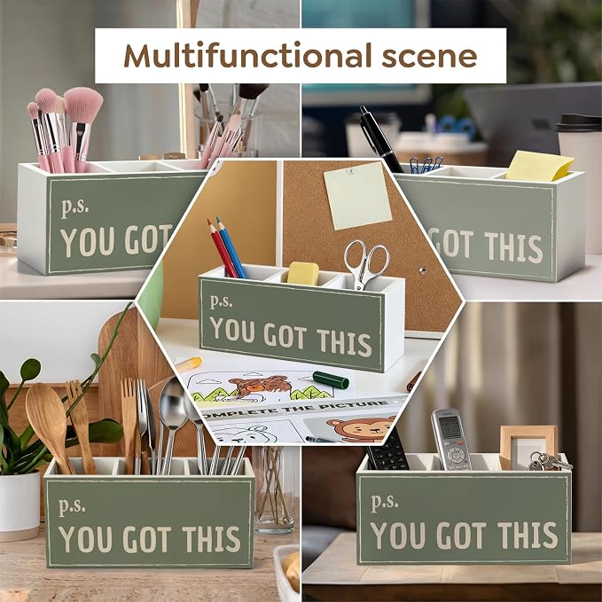 Green Inspirational Office Pen Pencil Holder, Inspirational Encouragement Gifts Wood Desk Organizer and Accessories, You Got This Motivational Pen Holder Desk Organizer for Office Tabletop
