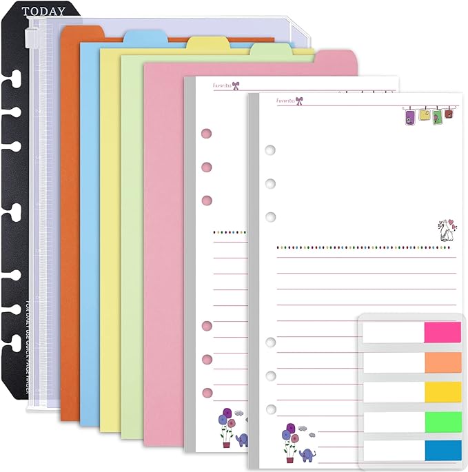 Rancco A6 Planner Inserts Lined Paper, Colorful 90 Page 6-Ring Memo Refills Loose-leaf Refill Paper w/Zipper Pouch, Binder Dividers, Ruler, Index Tab for Planner Journal Dairy, Double-sided, 6.9x3.7"