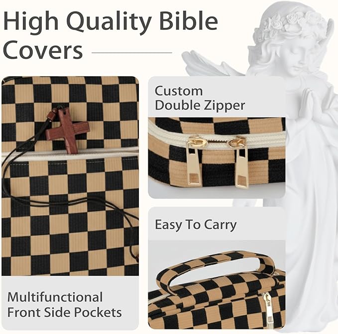 Bible Cover Case for Women Corduroy Bible Case for Girls Large Bible Cover with Handle Bible Study Supplies Accessories Christian Gifts for Women (Black Brown-Checkered, Medium)