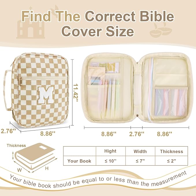 Personalized Initial Bible Cover Case for Women Girls Kid - Large Corduroy Bible Case with Handle, Stylish Chenille Letter Bag Study Supplies, Perfect Christmas Gifts for Christians Women (Khaki-M)