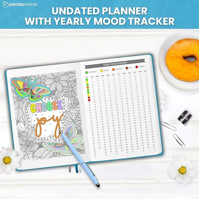 Panda Planner Mental Health Journal – 8.5” x 11" Soft Fabric Hardcover Wellness Planner with Mood Tracker & Journaling Prompts – Undated 12-Month Self-Care Organizer with 3 Bookmarks (Blue)