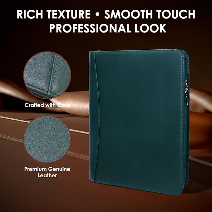 Genuine Leather Zippered Padfolio with 3 Ring Binder, A4/Letter Portfolio Organizer for Work, Fits 13.9" Laptop, Business Folder with Notepad Holder, Meetings & Interviews (Green)