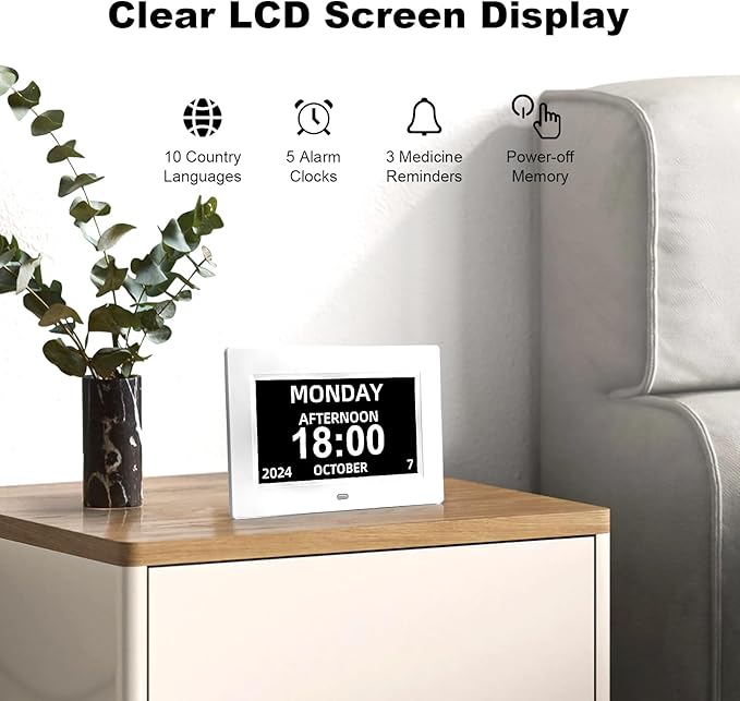 LiviNGPAi Digital Calendar Alarm Clock for Seniors, Electric Large Display with Date Day of Week Time Clock, 12 Custom Alarms, Auto-Dimming, Medication Reminder, Dementia-Friendly Design