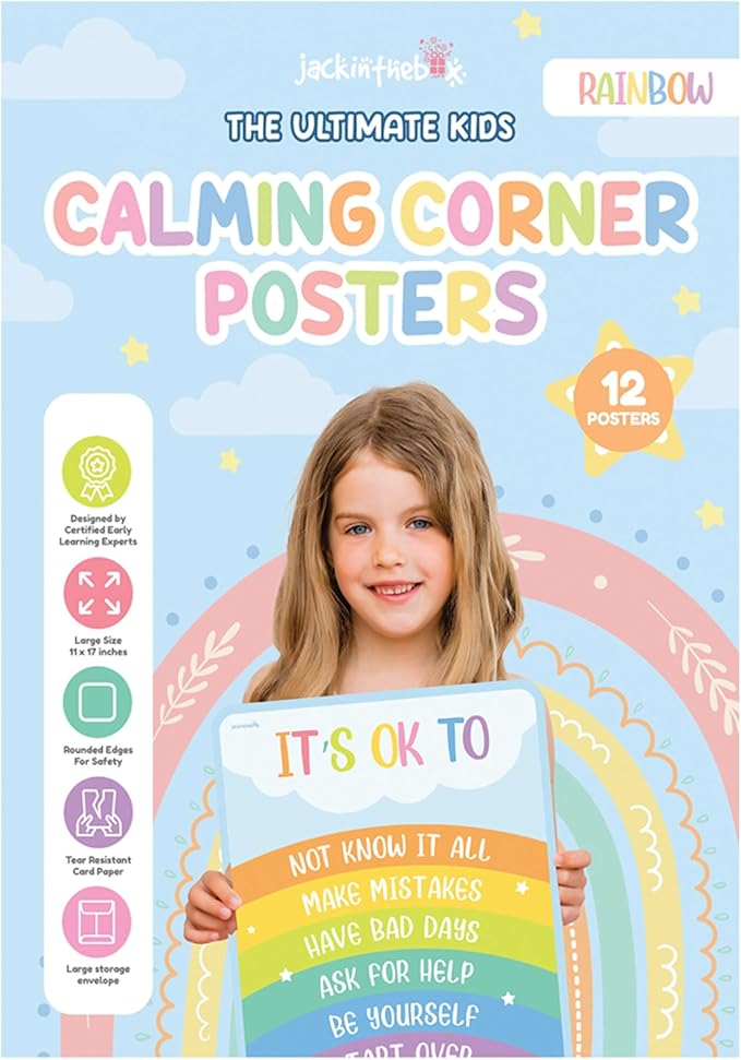 jackinthebox 12 Calming Corner Posters with Gold Foil Embedded Stars - 12 x 17 inches Laminated Classroom Decor Posters, Calm Down Corner Supplies, Emotions Charts for Kids
