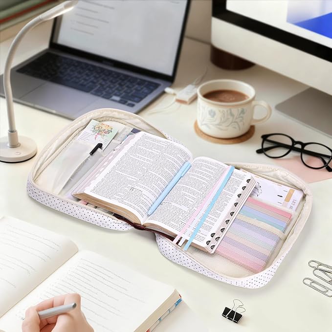 XKDOUS 30 Pcs Bible Cover for Women Quilted Bible Bag w/Handle, Tabs, Study Supplies Bible Journaling Kit Portable Book Carrying Case Christian Gifts for Mother Lady