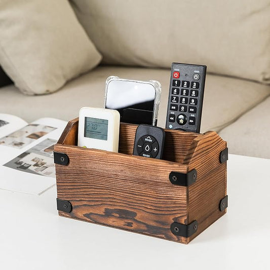 Brown Torched Wood Remote Control Organizer Burnt Wooden Tabletop Storage Caddy Two Compartment Holder TV Game Consoles Cell Phone Kitchen Utensils Office Supplies Living Room Home Bedroom