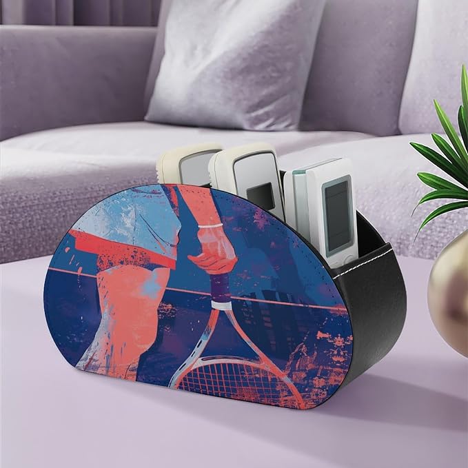 Remote Control Holder,Holding A Tennis Racket Printed PU Leather Remote Caddy Desktop Organizer with 5 Compartments for Media Accessories & Office Supplies Storage