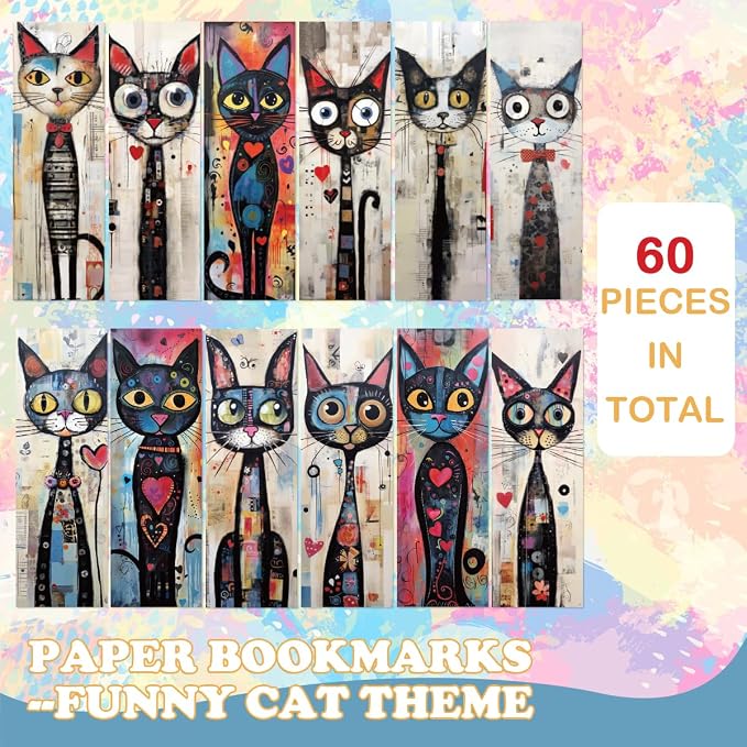 Whimsical Cat Bookmarks Gifts – 60 PCS Cute and Funny Paper Bulk Book Marks Gift for Women Men, Paper Bookmarks for Readers and Book Lovers, 12 Designs × 5, Double-Sided Laminated