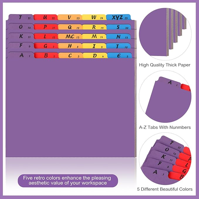 2 Set 50 Pcs Alphabet File Dividers A-z Top Tab Guides Set, Letter Size Filing Organizers 1/5 Cut Alphabetical File Folder Tabs for Home, Office, School(Vivid Colors)