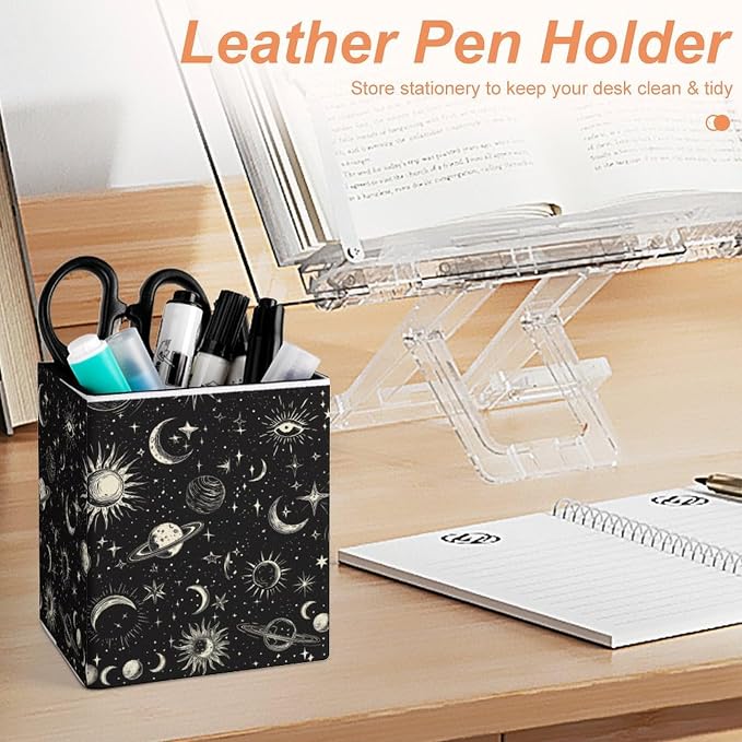 Stars Moon Sun Print Square Leather Pen Holder, Minimalist Desk Organizer for Office Home School, Pencil & Stationery Storage Box, Gift for Students Teachers Colleagues
