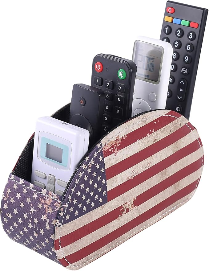 Remote Control Holder for Table, PU Leather Remote Organizer with 5 Compartments, Table Decor Storage Remote Control Caddy for TV, Office Supplies, Retro American Flag PH58