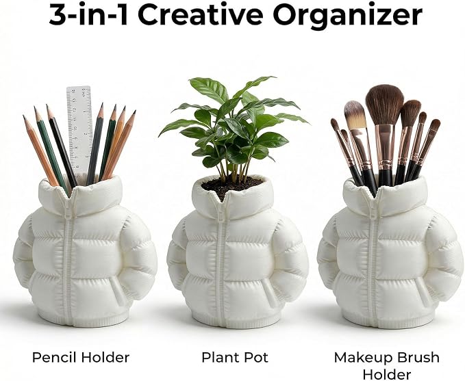 YOKUSHI Down Jacket Pen Holder, 3D Printed Funny Puffer Jacket Pencil Holder, Creative Desk Organizer for Office Supplies, Cute Unique Stationery Holder for Desk, Quirky Gift for Women Men (White)
