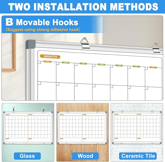 Calendar Whiteboard for Wall, 2 Month Calendar Dry Erase Board 36 X 24 Inch, Silver Aluminum Frame Hanging or Wall Mount Board with 2 Eraser, 8 Marker, 12 Magnet
