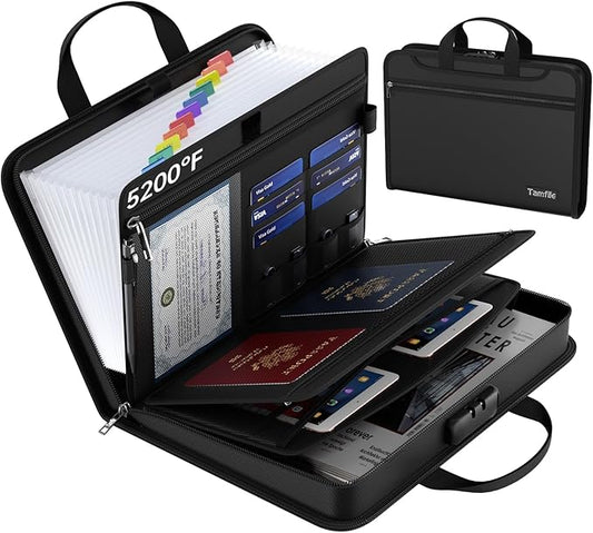 Fireproof Accordion File Organizer with Lock, 5200℉ Document Organizer | Thickened, 13 Clear Pocket, with Zipper & Labels, Important Document Organizer, Expanding File Folder, with Handle, Black