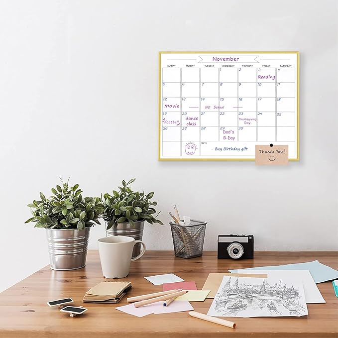 Dry Erase Monthly Calendar Whiteboard, 13"x 17" Gold Aluminum Frame, Magnetic White Board for Wall Office/School/Home, Hanging Board for Decoration/Kitchen Grocery List