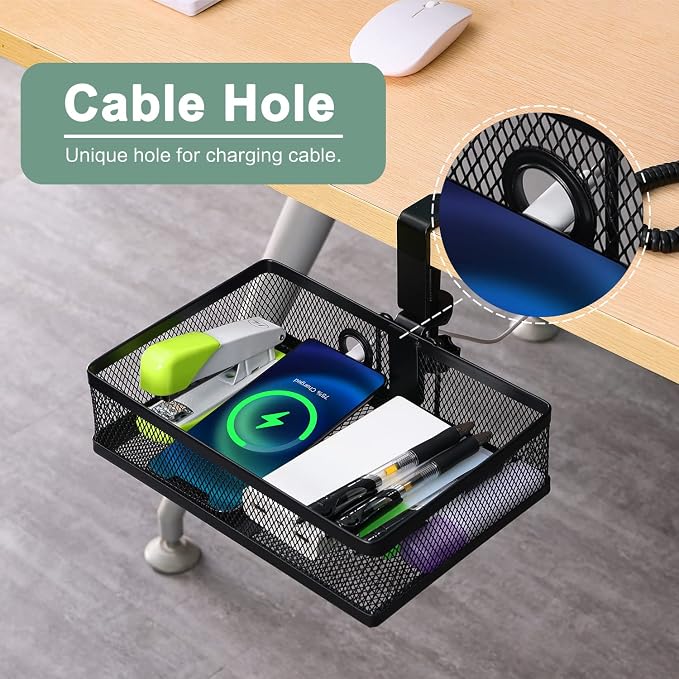 ROSLINE Under Desk Storage Organizer, Clamp on Drawer Basket, Hanging Storage, Mount Tray, Suitable for Multiple Scenes (Black)