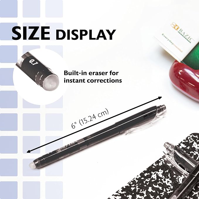 BAZIC PRODUCTS Frizz Erasable Gel Pens, 0.7mm Medium Point, Black Ink, Comfort Grip for Smooth Writing Drawing Planner, 1-Pack