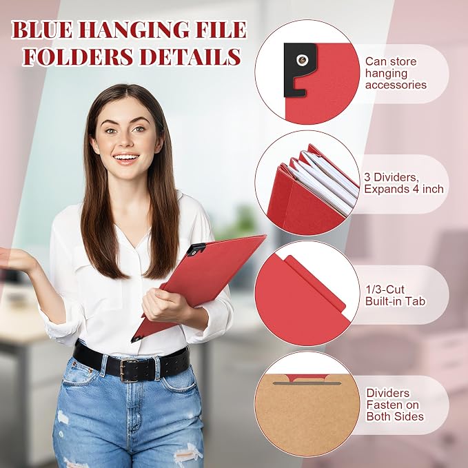 Henoyso 15 Pcs Hanging Classification File Folders, Letter Size Red Folders with 3 Pressboard Dividers, 8 Fasteners, 4 Inch Expansion, 1/3-cut Top Tab for Medical Records and File Cabinet Organizer