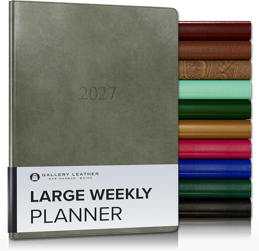 Gallery Leather Large Weekly Monthly Planner 2027, Elegantly Bound Calendar Planner and Notebook with Stylish Gold-Gilded Page Edges, 12 Months - Acadia Cactus - 9.75x7.5"