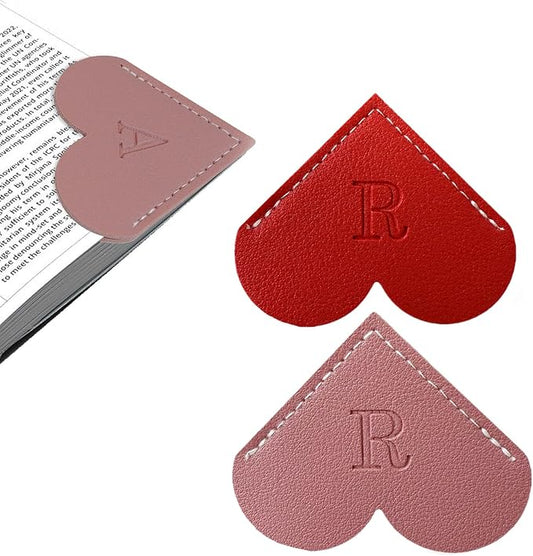2Pcs Personalized Leather Heart Bookmark with Initial, 26 Letters Custom Corner Page Book Mark for Reading Women, Book Lovers, Teachers, Students, Cute Book Accessories Gifts(Red+Dark Pink, R)