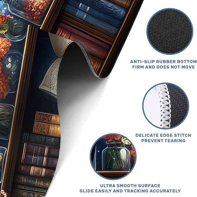 Starry Bookshelf Desk Mat Gaming Large Mouse Pad Blooming Book Flowers Night Mousepad Computer Keyboard Pad Mouse Mat Laptop Mat 31.5 x 11.8 Mouse Pads for Desk Home Office Gaming