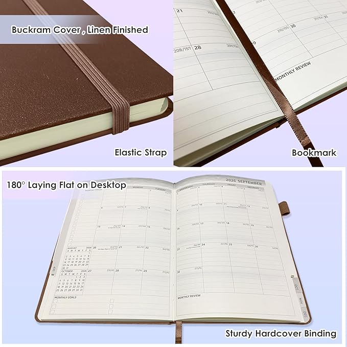 TIIKKASI 2026 Calendar Year Planner Weekly Monthly (Jan - Dec) 6'' x 8.5'' - Lined Journal Notebook Minimalist Agenda Notes, Linen Cloth Book Bound Hard Cover, For School Business Office, Rustic Brown