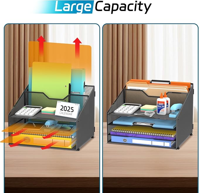 Desk File Organizer, Paper Organizer with 4 Letter Trays and 2 Vertical Upright Sections, Desk Organizers and Accessories for Office, School, Home, Black
