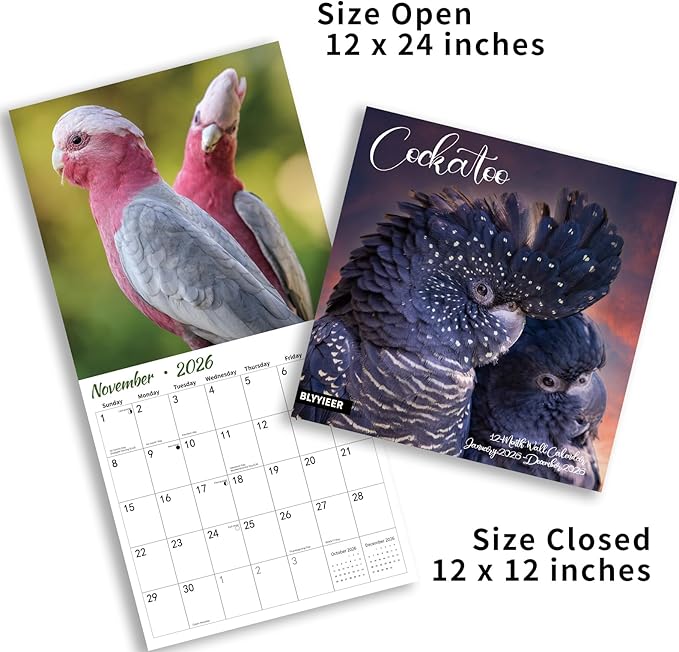 2026 Wall Calendar,Cockatoo Calendar 2026,OWL Monthly Wall Calendar, 12" x 24" Open,Family Planner Calendar, Home & Office Organizer,Hangable