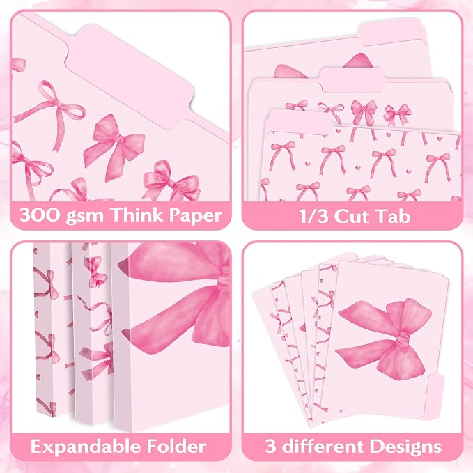 Xqumoi 12Pcs Coquette Pink Bow File Folders, Letter Size Bowknot Decorative File Pockets with 1/3 Cut Tab Pretty Colored Folders for Office Home Classroom Supplies Documents Paper, 8.9 x 11.6 Inch