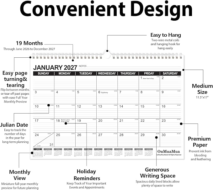 OuMuaMua Wall Calendar 2026-2027, 19 Months Academic Calendar 17" × 11.5" Hanging Planner from Jun. 2026 to Dec. 2027 with Julian Date, Ruled Blocks for Office Home Planning & Organizing