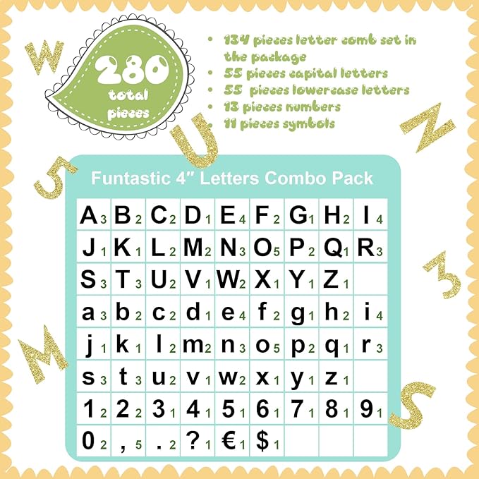 Tenare 268 Pcs Large Bulletin Board Letters 5 Inch Alphabet Combo Set, Chalkboard Poster Letters Cutouts for Board Display Craft Home Wall Decor(Gold)
