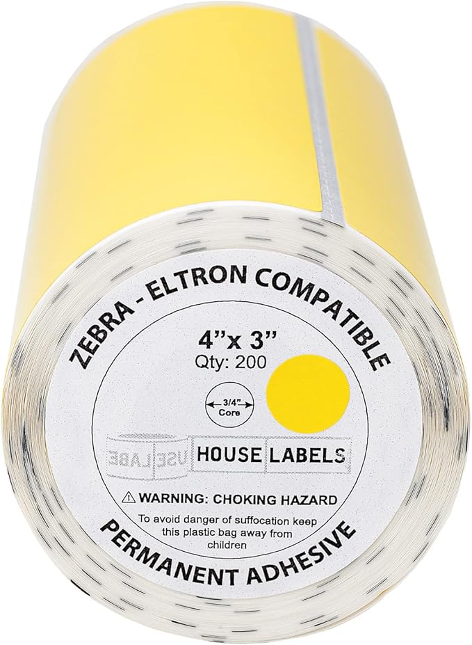 HOUSELABELS 4" x 3" Yellow Shipping Labels on 0.75" Core Compatible with Zebra and Rollo Printers, 32 Rolls / 200 Labels per Roll