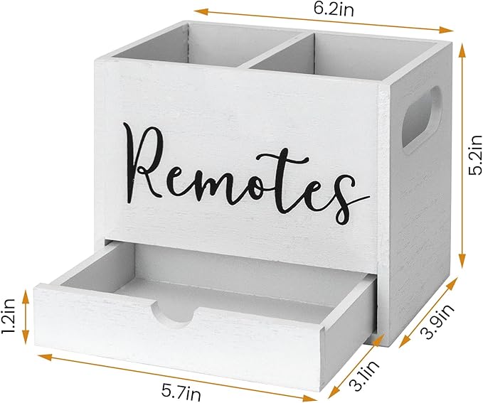 Remote Control Holder, 2 Slot Wooden TV Remote Holder for Table, Remote Box Desk Organizer with Drawers for Home Nightstand Office Supplies (White)