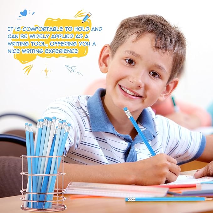24 Pcs Round Pencils with Eraser 2 HB Cute Pencils Bulk for School Graphite Wood Color Unsharpened Pencil for Drawing Sketching Wedding School Teacher Supplies Student Reward(Blue)