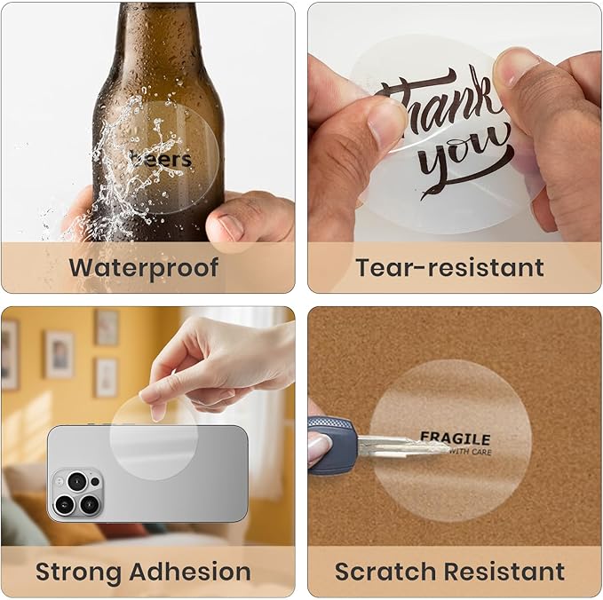 Clear Thermal Labels Round Vinyl 3 Inch Transparent Direct Printer Label Circle Self Adhesive Waterproof Decals Roll for Home Office Business QR Code Seal DIY Logo 200 PCS
