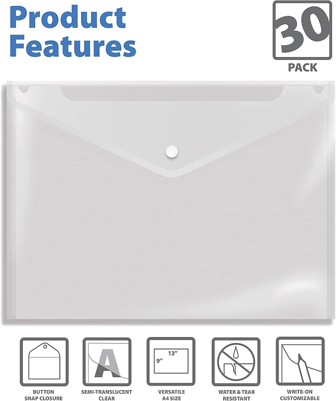 Better Office Products Clear Reusable Plastic Envelopes with Snap Closure, Plastic Document Holders, 13" x 9" XL Size for Letter Paper, 30 Pack, Poly File Envelopes, Clear, 30 Pack