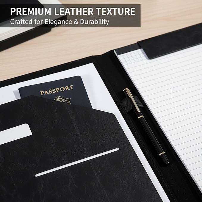Professional Leather Padfolio Magnetic Closure, Business Portfolio Folder with Card Slots, A4/Letter Document Clipboard, Pen Loop, Multi‑Pocket Organizer Business, Office, Travel (Black)