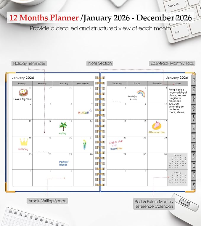 2026 Planner, Weekly and Monthly Calendar Planner from January 2026 - December 2026, 5.75" x 8.38" Hardcover Leather Hourly Appointment Book with Tabs, A5 Spiral Daily Planners for College School Work Home, Navy