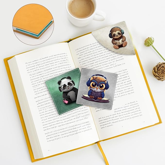 Icycay Cute Sloth Owls Panda Corner Bookmarks, Funny Leather Book Accessories for Book Lovers, 3 Pcs Reading Book Page Markers for Women Men Student Teacher Girls Boys Kids Retirement Birthday Gifts