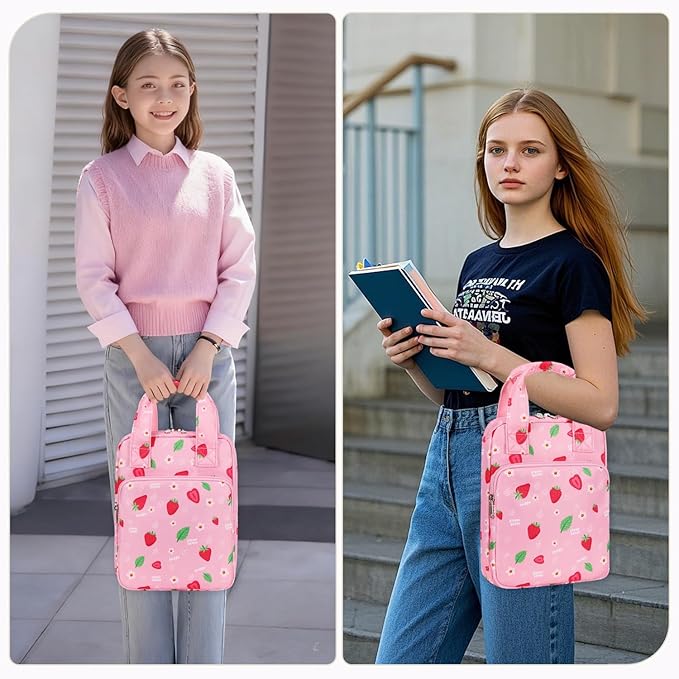 DSIUE Kids Bible Cover Case Girls Cute Bible Carrying Case Book and Study Supplies Holder/Carrier/Bag with Handle and Pockets, Pink Strawberry